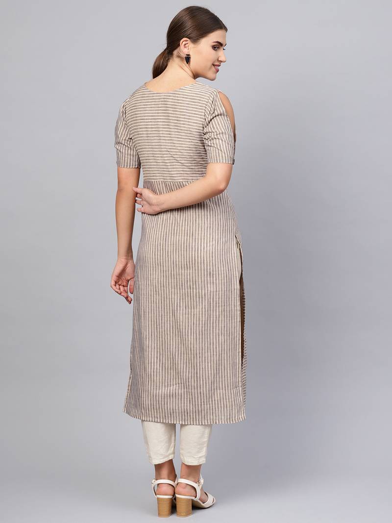 Inddus Beige Cotton Striped Kurta