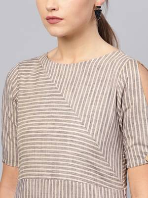 Inddus Beige Cotton Striped Kurta 4