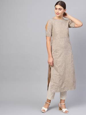 Inddus Beige Cotton Striped Kurta 5