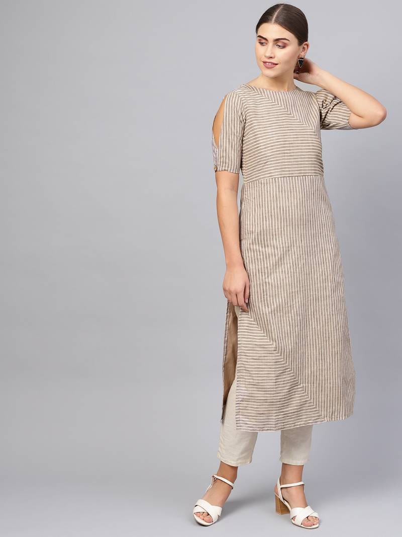 Inddus Beige Cotton Striped Kurta