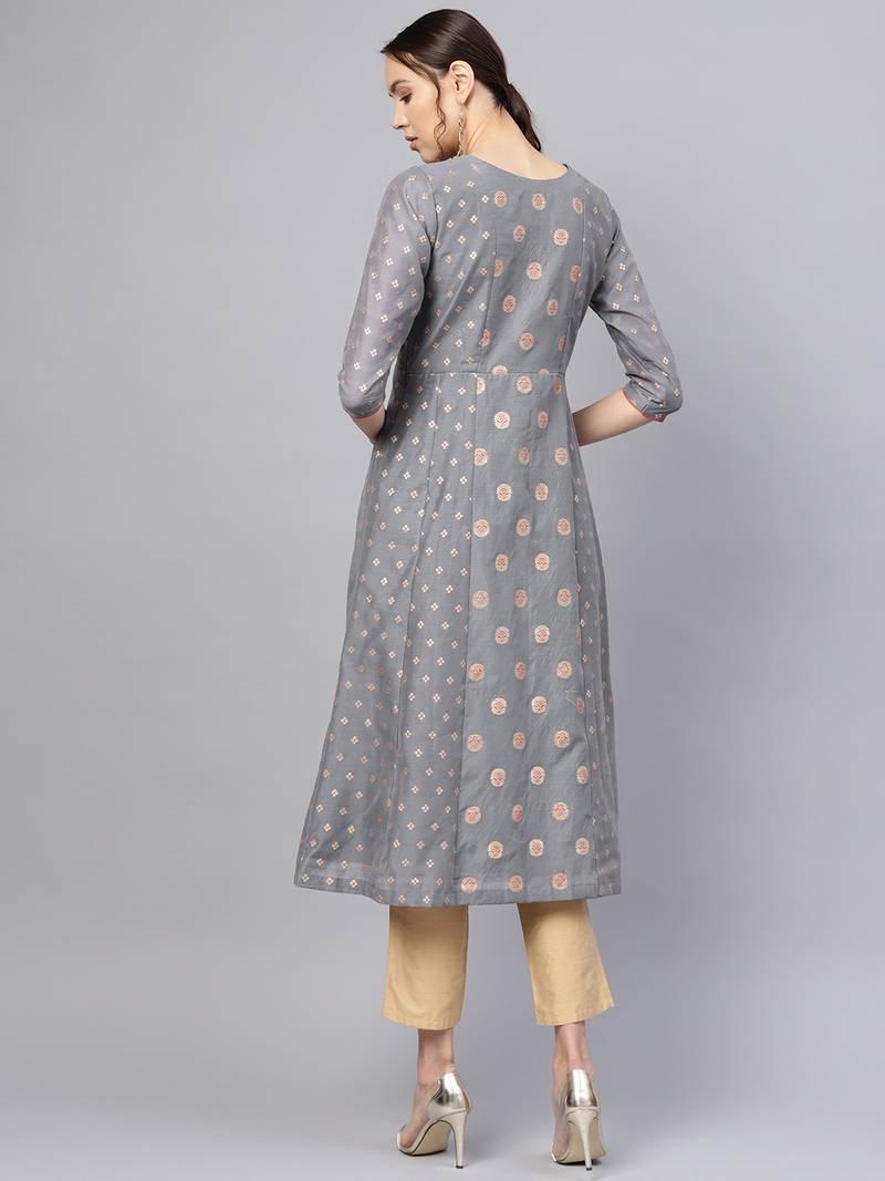 Inddus Grey Chanderi Cotton Woven Kurta