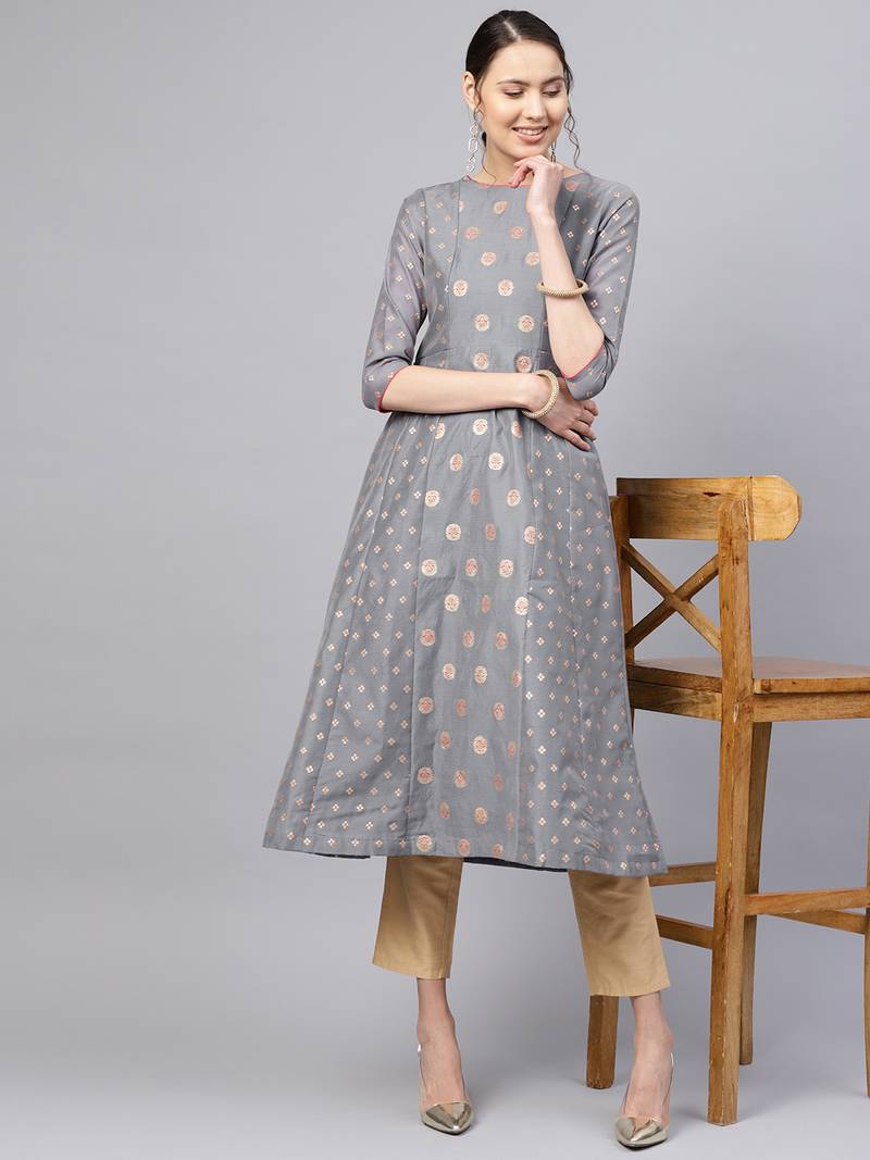 Inddus Grey Chanderi Cotton Woven Kurta