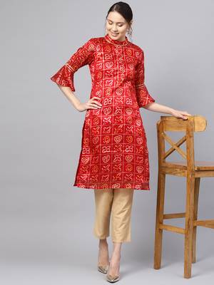 Inddus Maroon Cotton Linen Bandhani Kurta 1