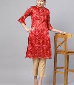 Inddus Maroon Cotton Linen Bandhani Kurta