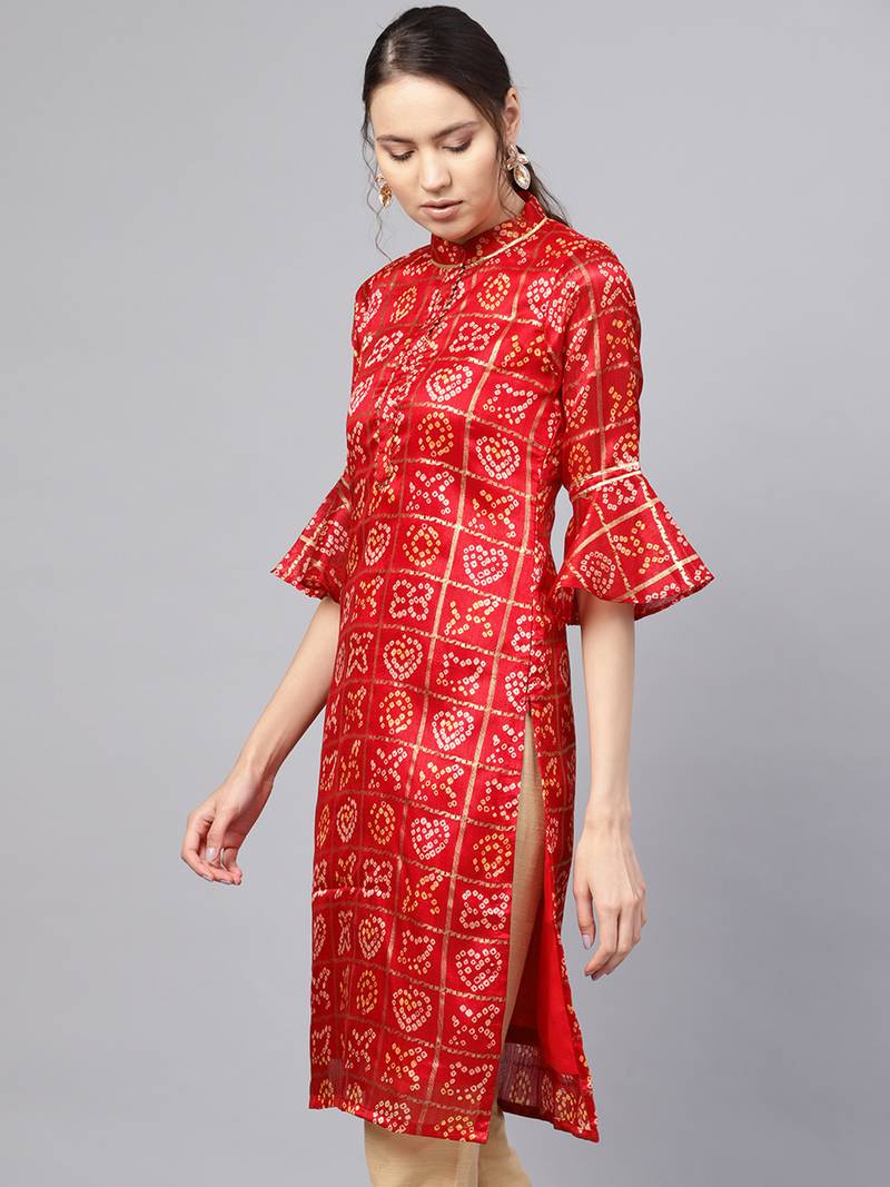 Inddus Maroon Cotton Linen Bandhani Kurta