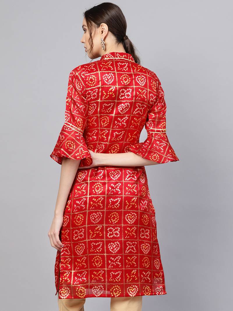 Inddus Maroon Cotton Linen Bandhani Kurta