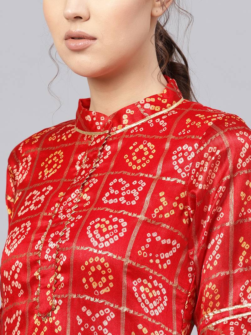 Inddus Maroon Cotton Linen Bandhani Kurta