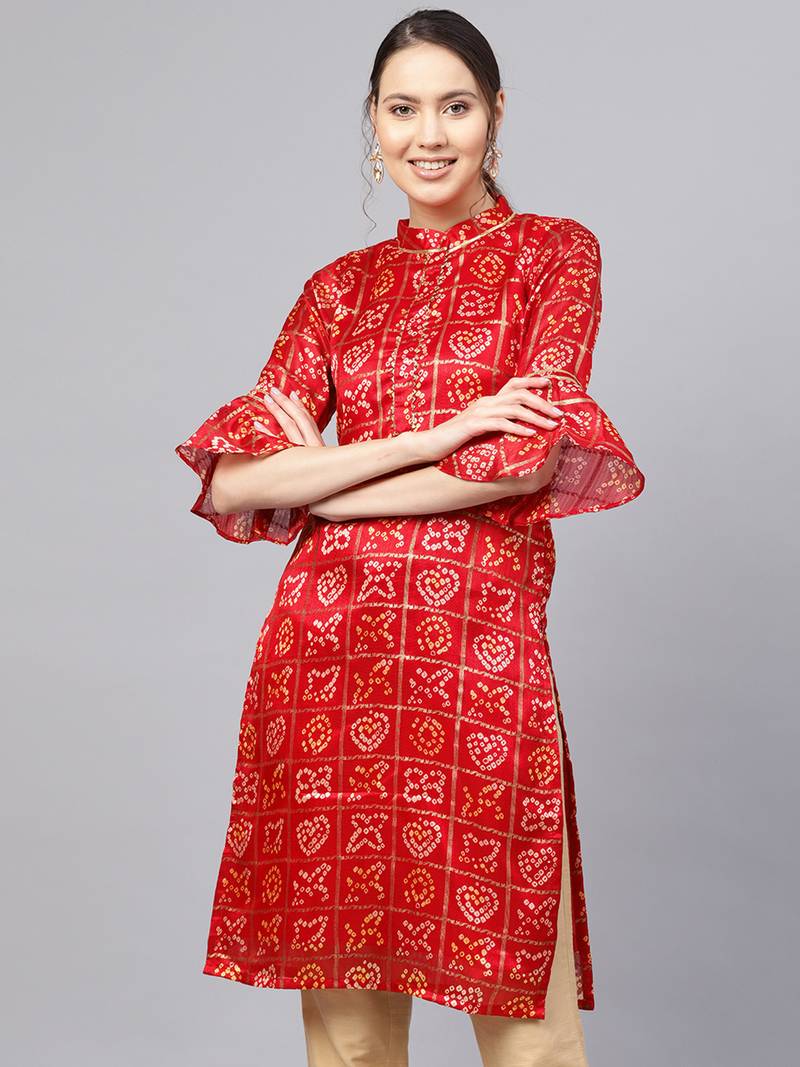 Inddus Maroon Cotton Linen Bandhani Kurta