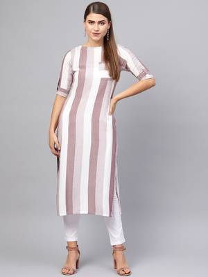 Inddus Purple &  White Rayon Cotton Striped Kurta 1