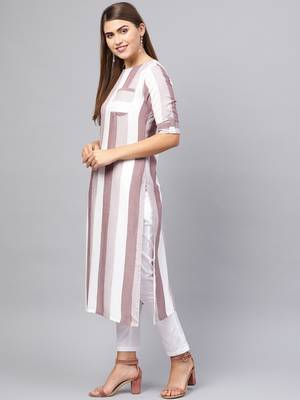 Inddus Purple &  White Rayon Cotton Striped Kurta 2