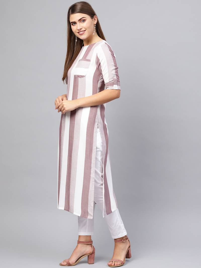Inddus Purple &  White Rayon Cotton Striped Kurta