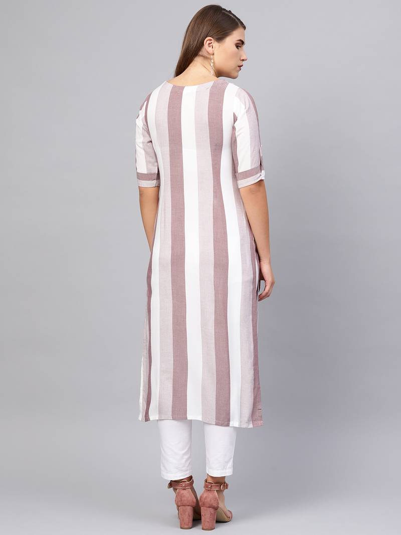 Inddus Purple &  White Rayon Cotton Striped Kurta