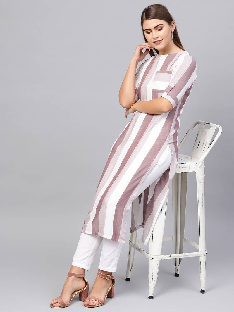 Inddus Purple &  White Rayon Cotton Striped Kurta
