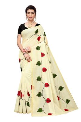 Cream Printed Chanderi Saree With Banglori Blouse 1