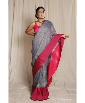 Grey Woven Linen Saree With Blouse 1