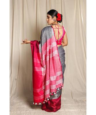 Grey Woven Linen Saree With Blouse 2