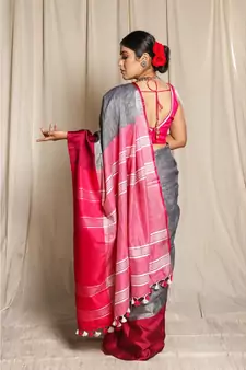 Grey Woven Linen Saree With Blouse