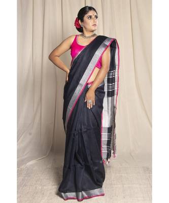 Black Woven Linen Saree With Blouse 1
