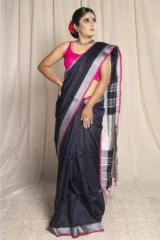 Black Woven Linen Saree With Blouse