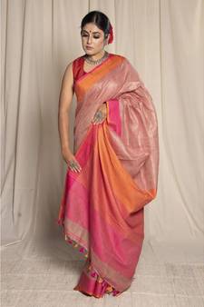 Brown Woven Linen Saree With Blouse