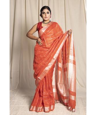 Orange Woven Linen Saree With Blouse 1