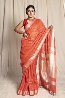 Orange Woven Linen Saree With Blouse