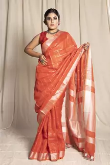 Orange Woven Linen Saree With Blouse