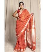 Orange Woven Linen Saree With Blouse