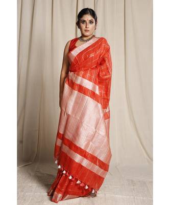 Orange Woven Linen Saree With Blouse 2