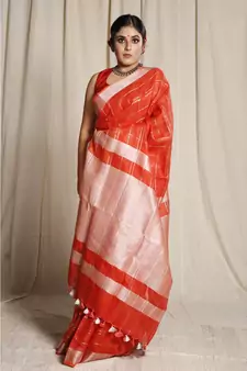 Orange Woven Linen Saree With Blouse
