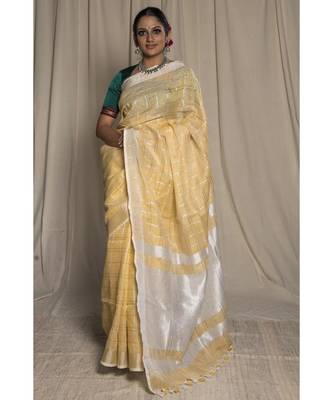 Yellow Woven Linen Saree With Blouse 1