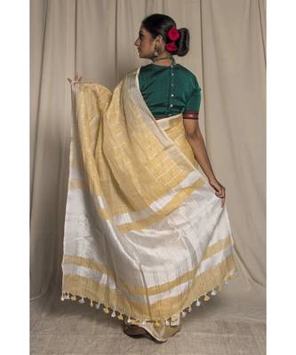 Yellow Woven Linen Saree With Blouse 2