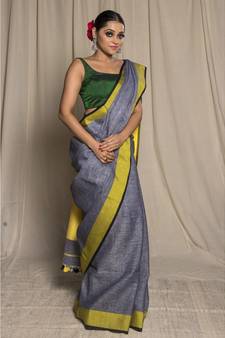 Grey Woven Linen Saree With Blouse