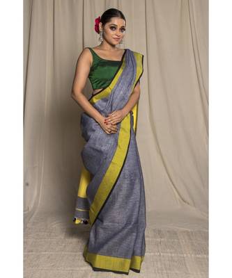 Grey Woven Linen Saree With Blouse 1
