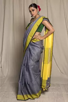 Grey Woven Linen Saree With Blouse
