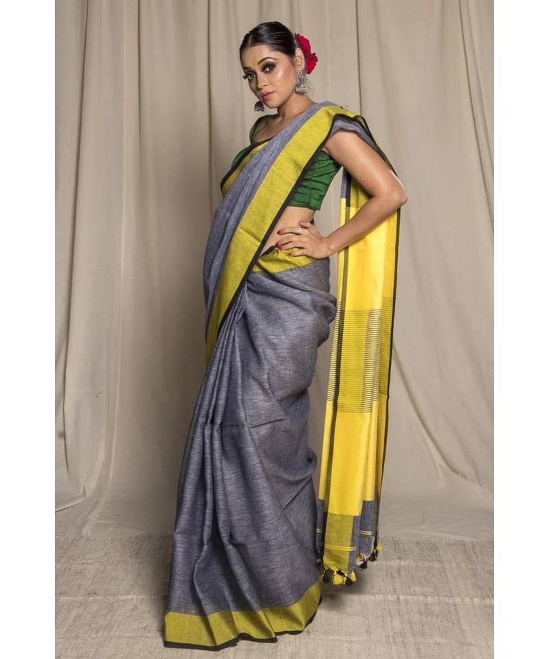 Grey Woven Linen Saree With Blouse