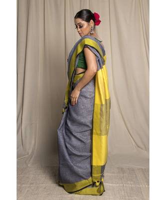 Grey Woven Linen Saree With Blouse 3