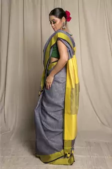 Grey Woven Linen Saree With Blouse