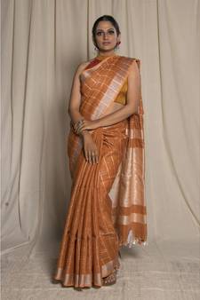 Brown Woven Linen Saree With Blouse