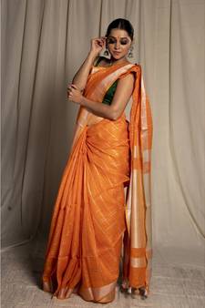 Orange Woven Linen Saree With Blouse