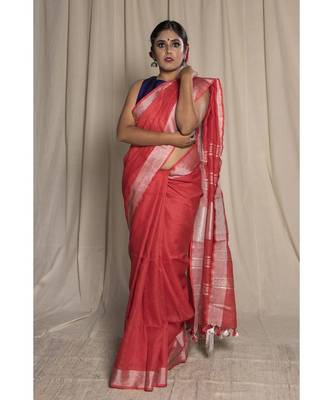 Pink Woven Linen Saree With Blouse 1