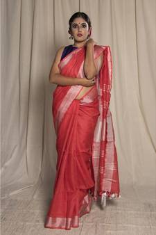 Pink Woven Linen Saree With Blouse