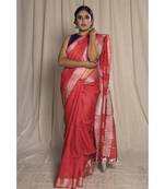 Pink Woven Linen Saree With Blouse