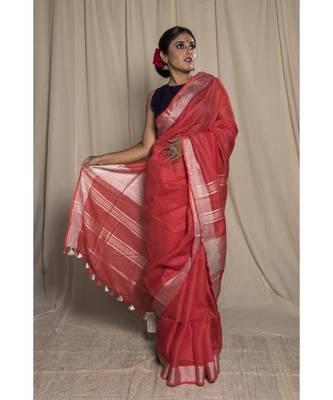 Pink Woven Linen Saree With Blouse 2