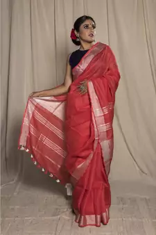 Pink Woven Linen Saree With Blouse