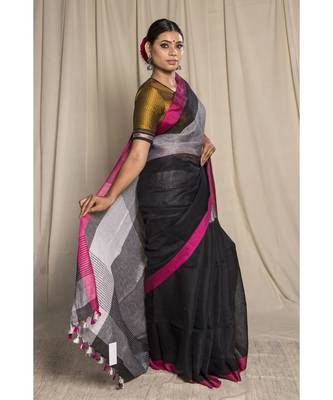 Black Woven Linen Saree With Blouse 1
