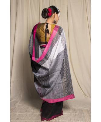 Black Woven Linen Saree With Blouse 2