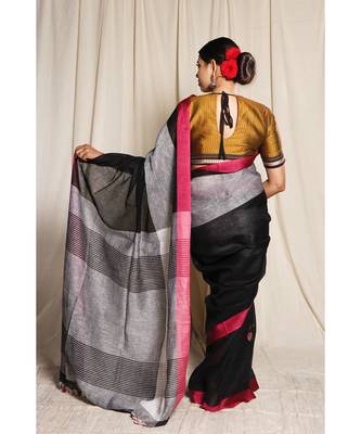 Black Woven Linen Saree With Blouse 3