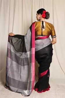 Black Woven Linen Saree With Blouse