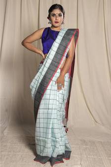 White Woven Linen Saree With Blouse